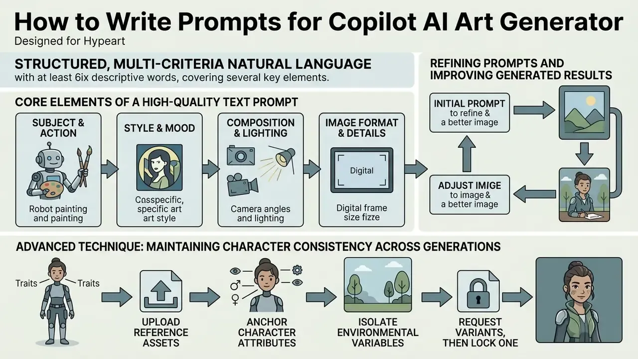 Infographic showing steps to create structured prompts and maintain character consistency in AI art