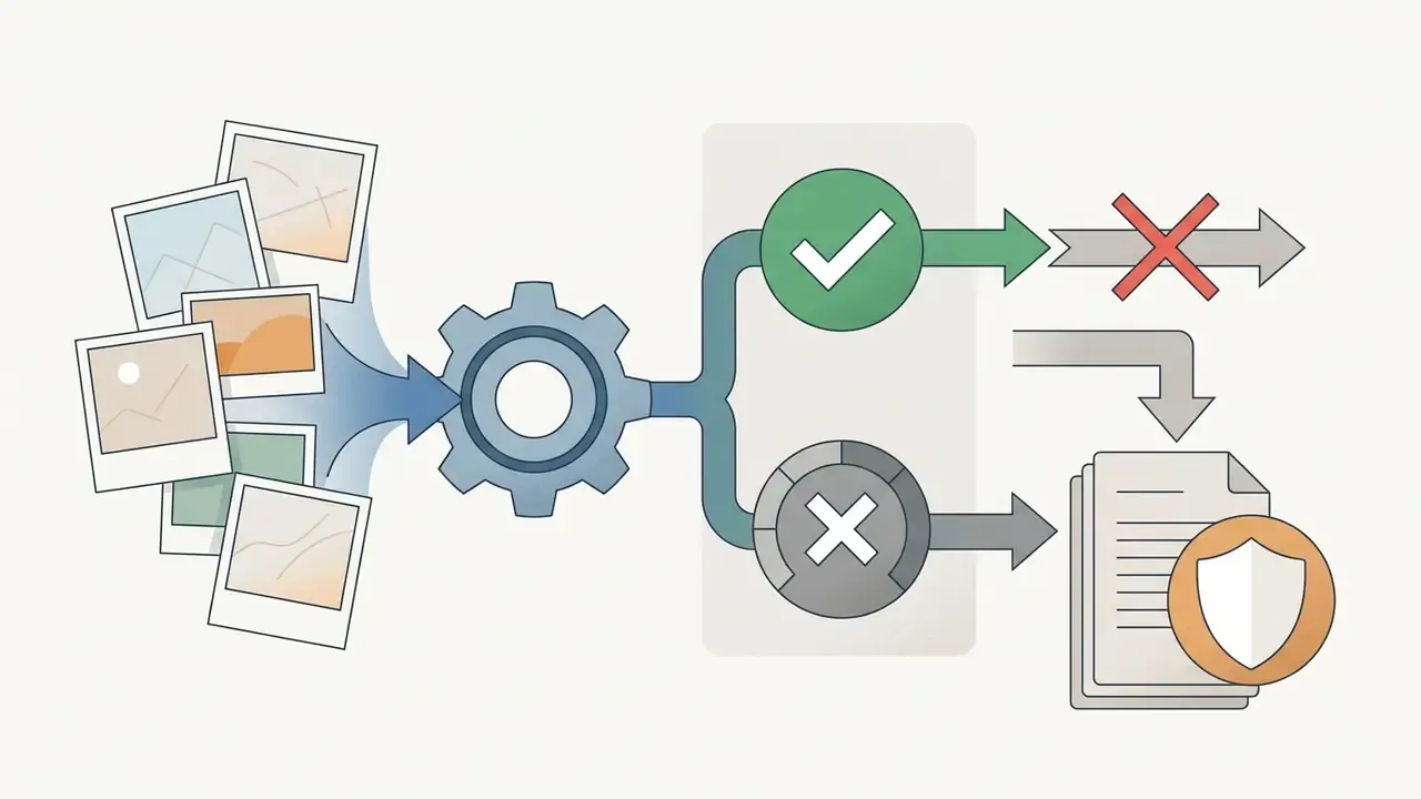 Photographs feeding into a gear that sorts data into allowed or blocked paths toward a protected document