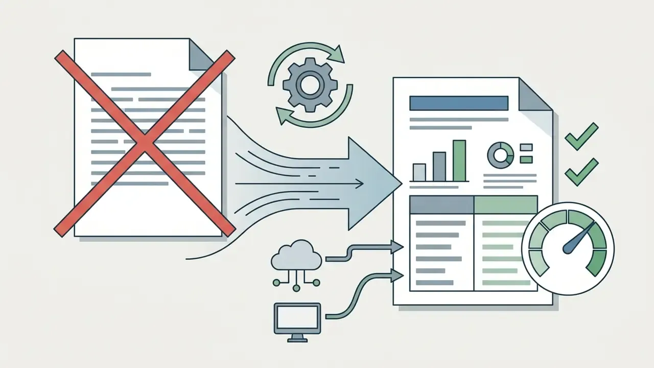 Outdated document marked with a red X being updated by cloud and computer data into a new report