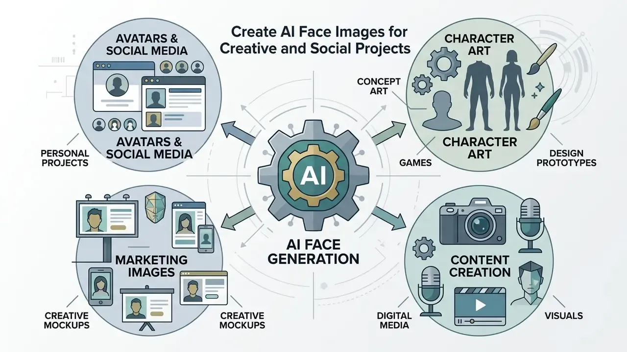 Central AI gear icon connecting to four quadrants showing diverse use cases for generated face images
