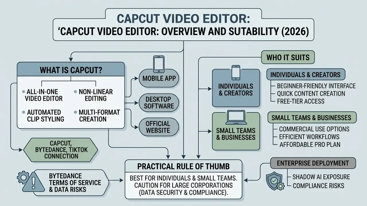 Flowchart outlining CapCut features, accessibility across platforms, target user groups, and deployment risks