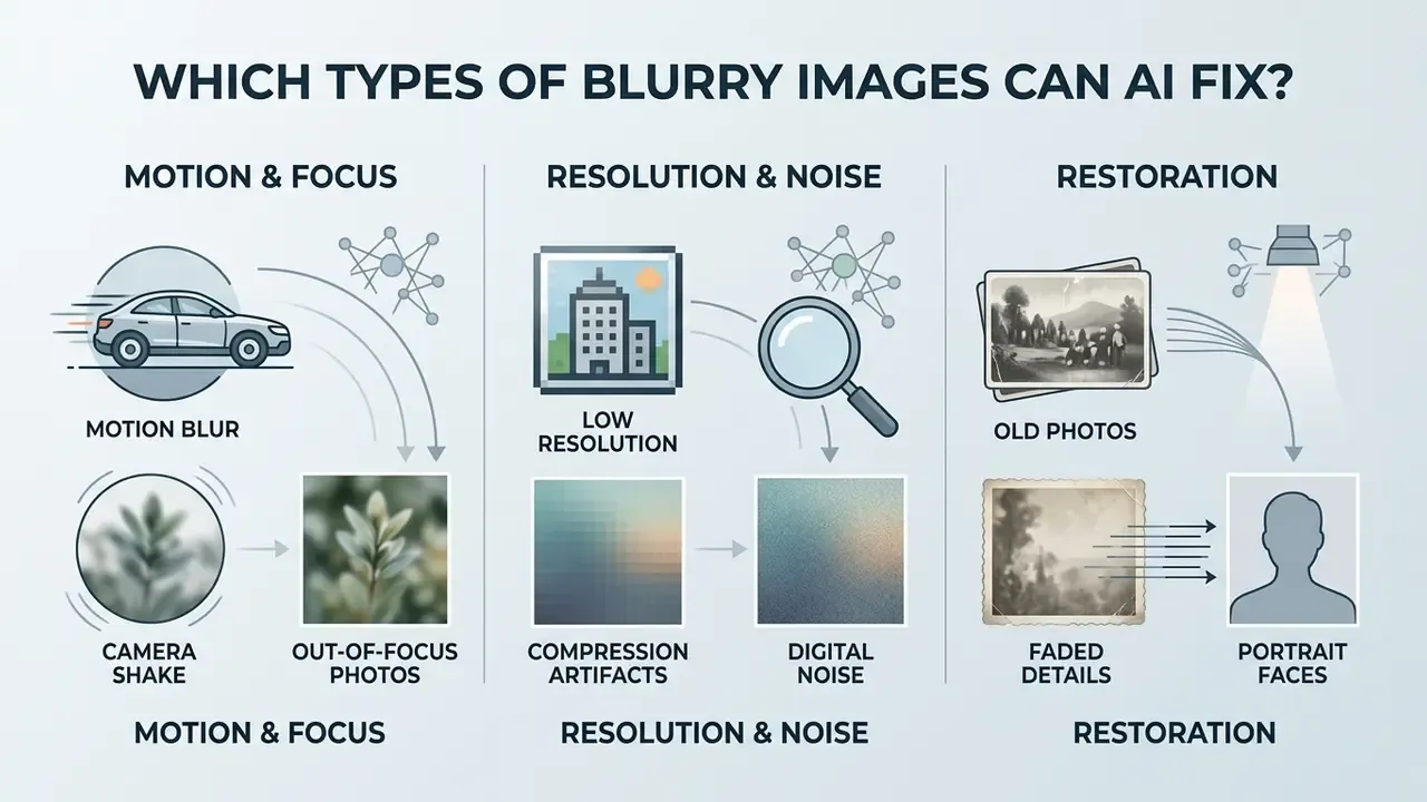 Infographic categorizing how AI unblur image tools address motion, resolution, and restoration challenges