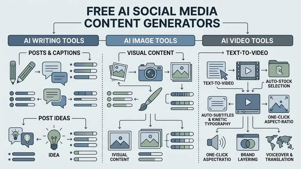 Diagram categorizing free AI tools for social media content creation into writing, image, and video tasks