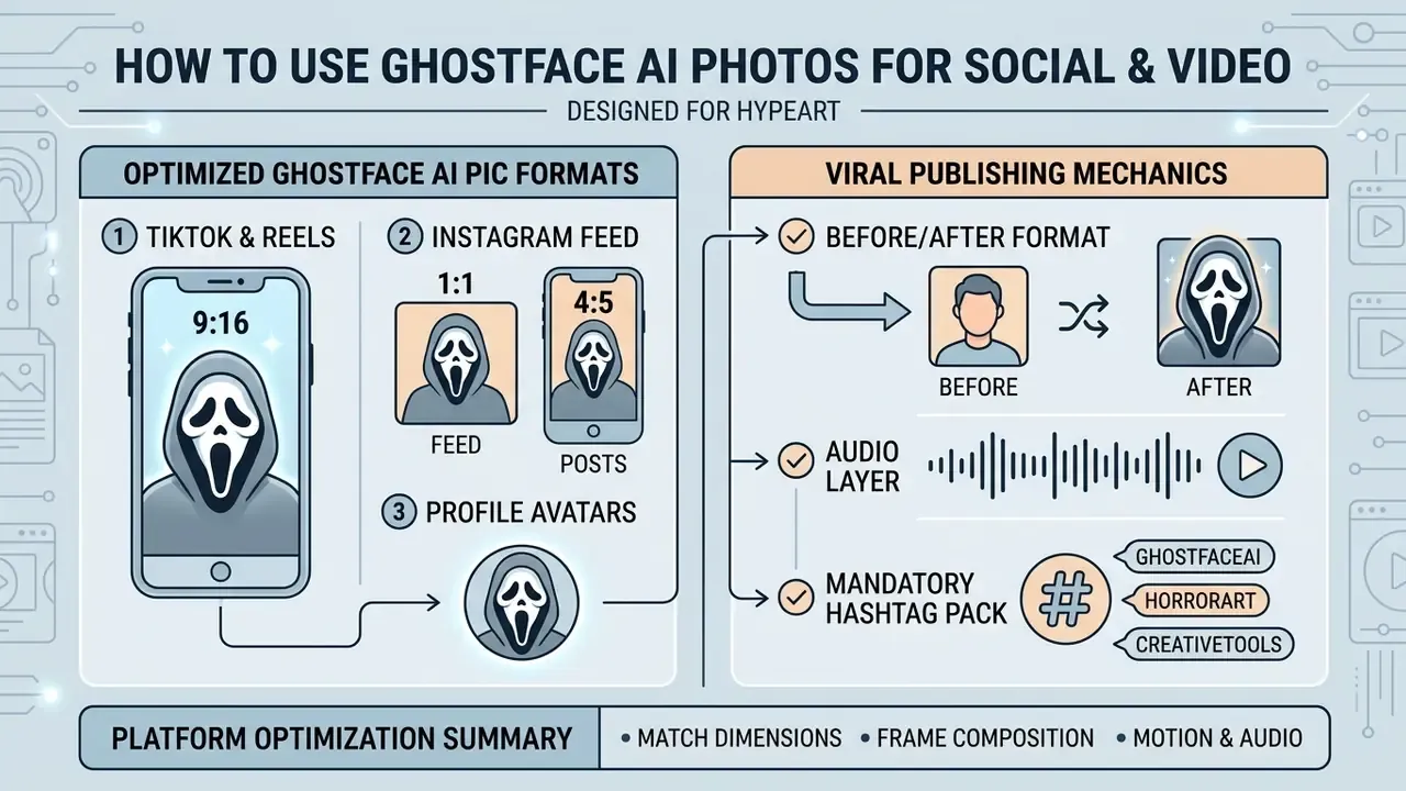 Guide showing social media aspect ratios, before and after transformation steps, and hashtag strategies