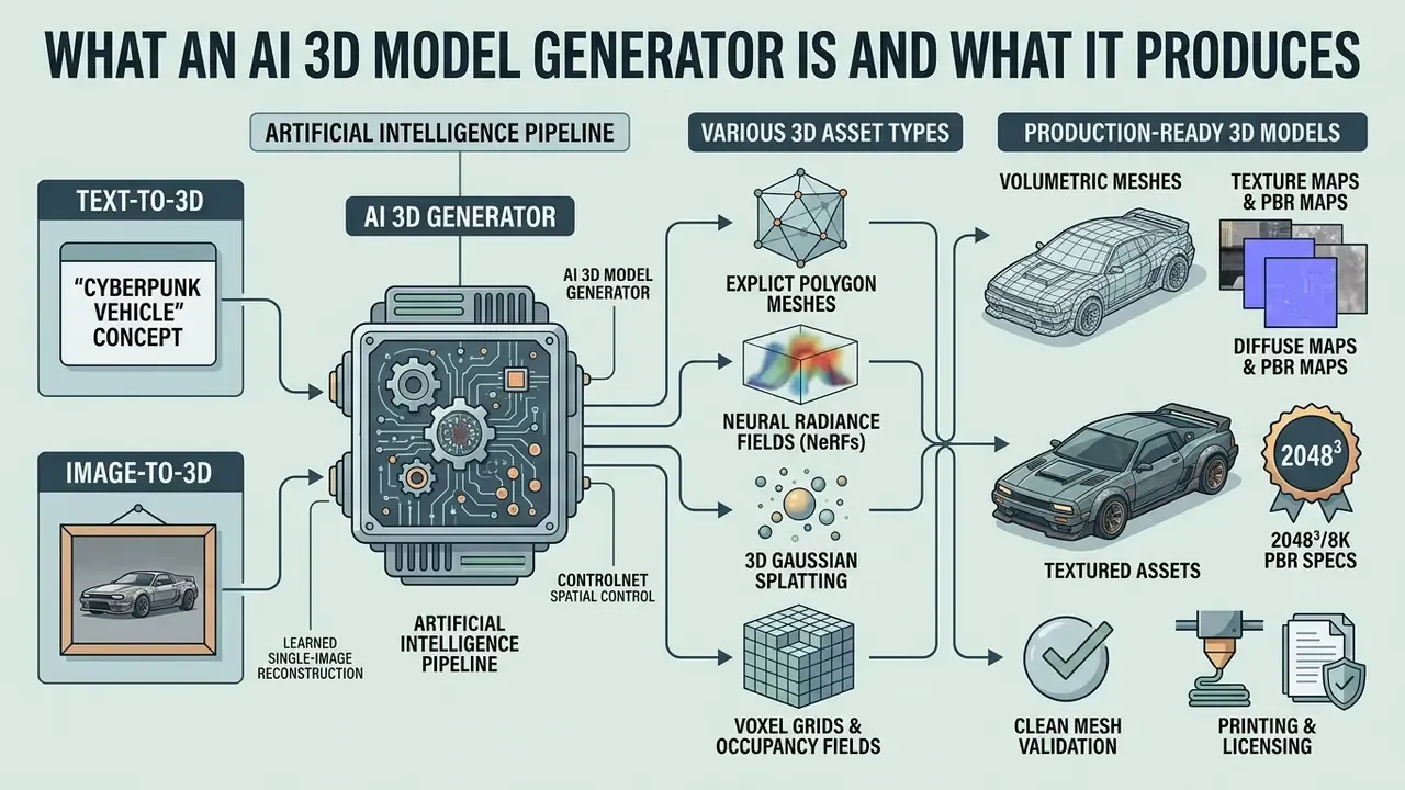 Infographic showing how inputs like text and images flow through a central AI engine to create 3D assets