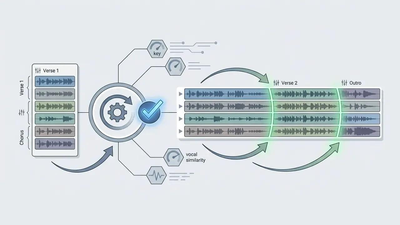 Audio track extension process showing a seed segment being expanded into a full arrangement with new sections