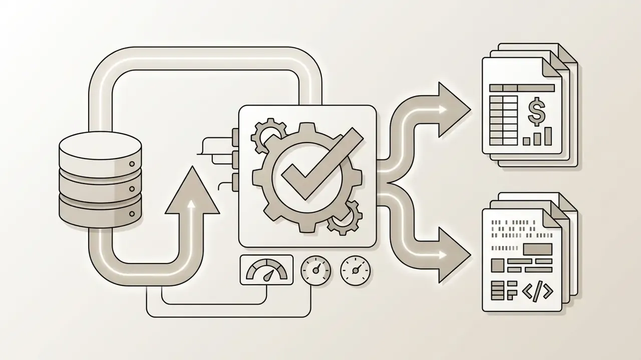 Data warehouse feeding a central processing unit that exports financial reports and code artifacts