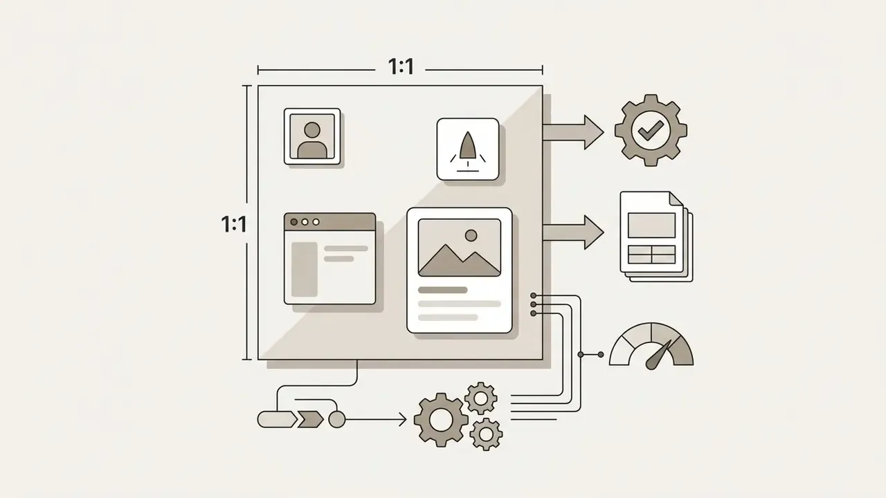 Square canvas showing various digital asset types connected to processing gears and performance metrics