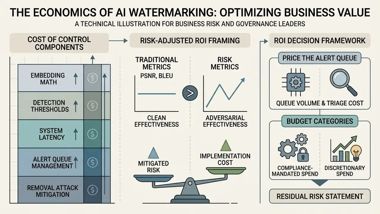 Infographic breaking down AI watermarking economics into cost components, risk-adjusted ROI, and decision steps