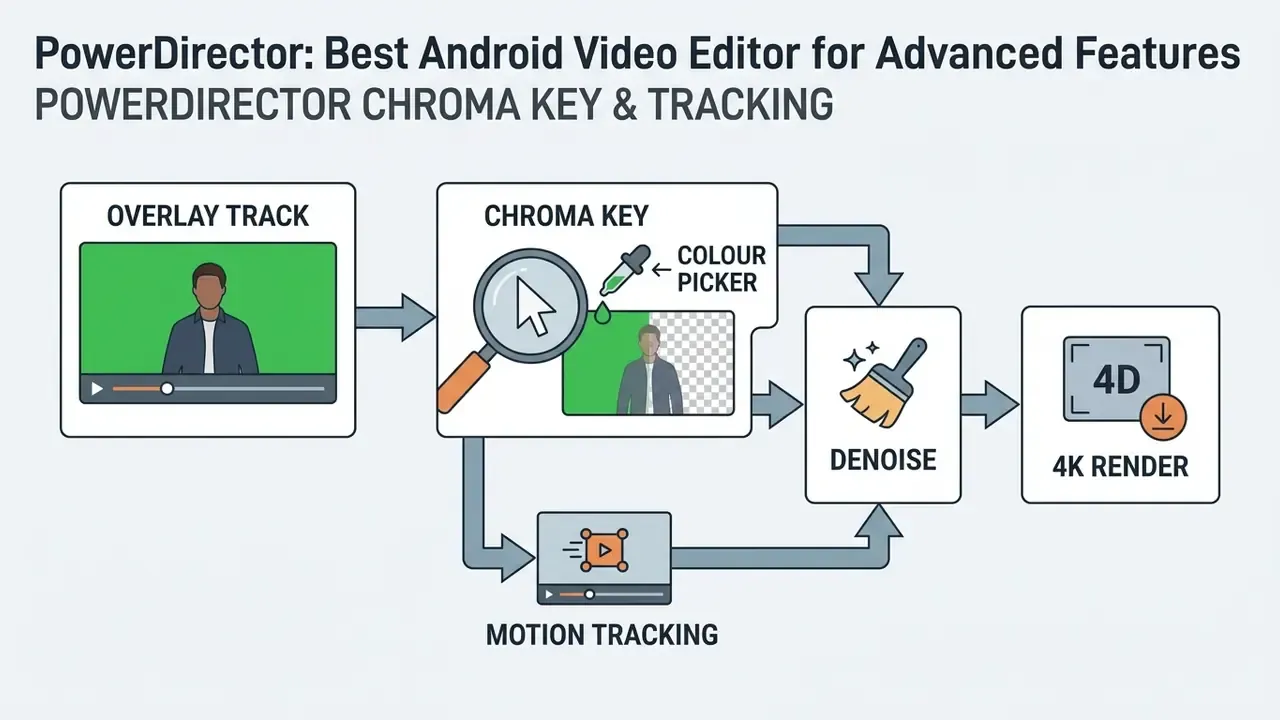 Workflow diagram showing chroma keying, motion tracking, and denoising steps leading to a 4K video render