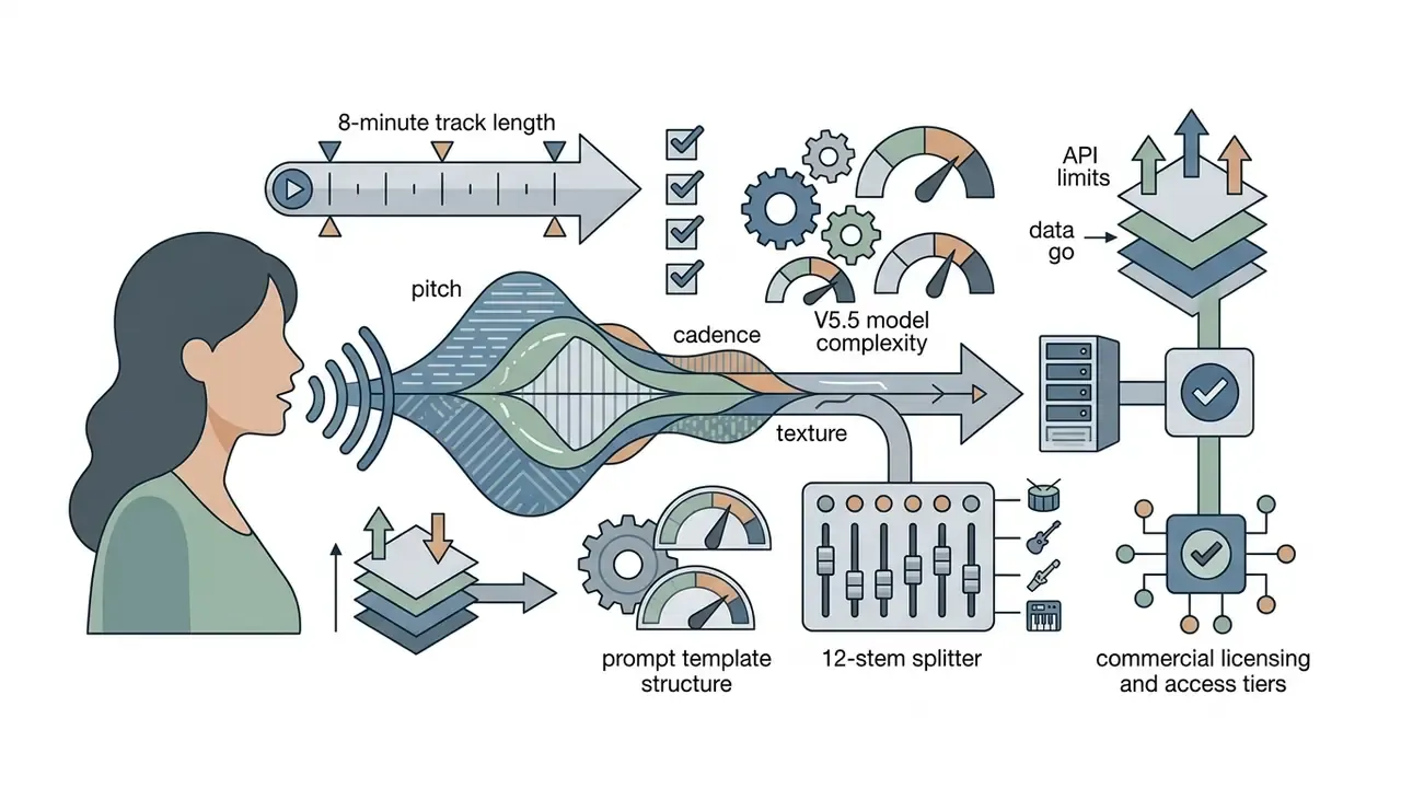 Person speaking into a waveform visualization linked to audio controls, model settings, and licensing tiers