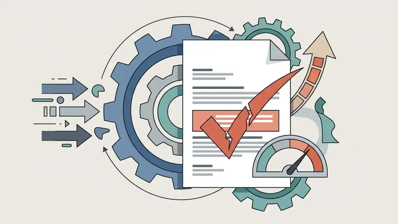 Document with a large checkmark overlaying rotating gears and a gauge indicating a review process