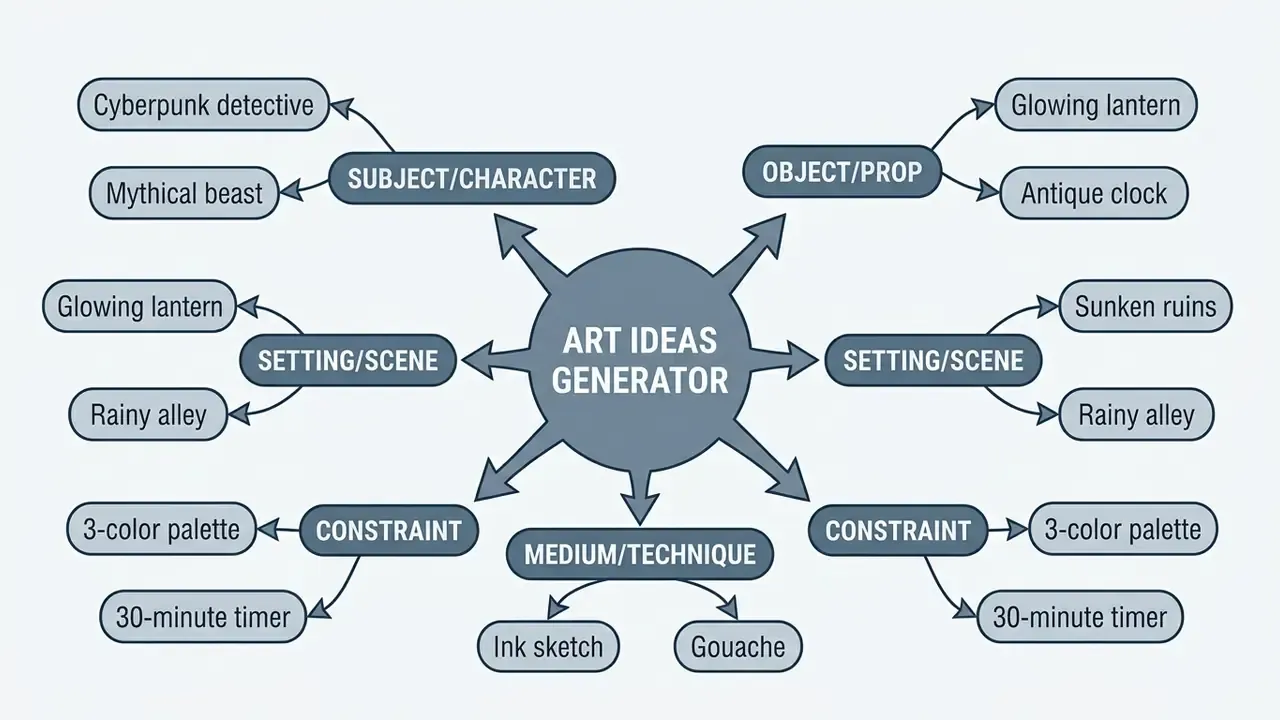 Mind map showing categories like subjects, objects, and techniques used by an art ideas generator