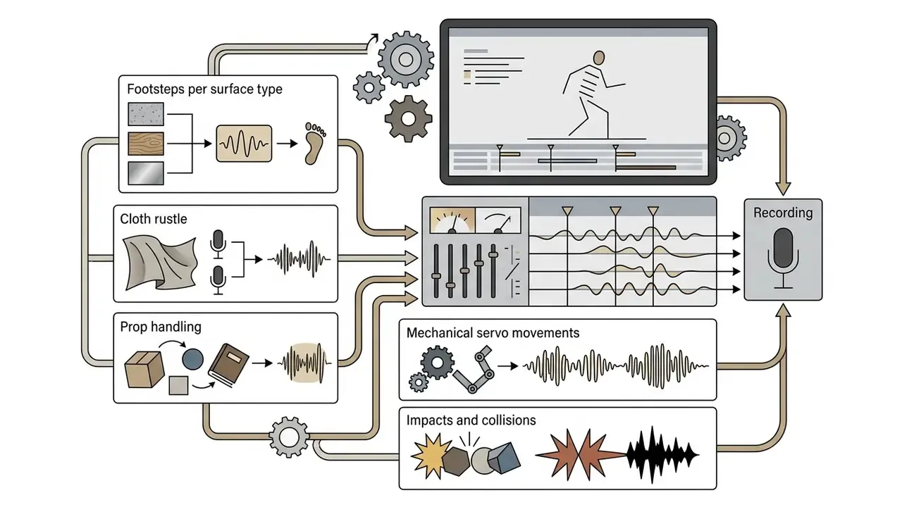 Workflow showing various foley sound sources being mixed and recorded to match 3D character animation