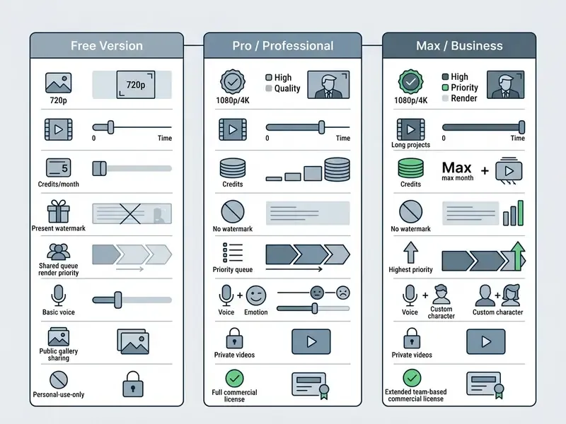 Comparison table displaying features for Free, Pro, and Max video generation subscription tiers