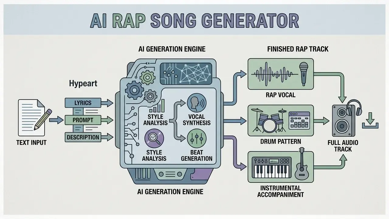 Diagram showing text inputs being processed by an AI engine to create rap vocals, beats, and music tracks