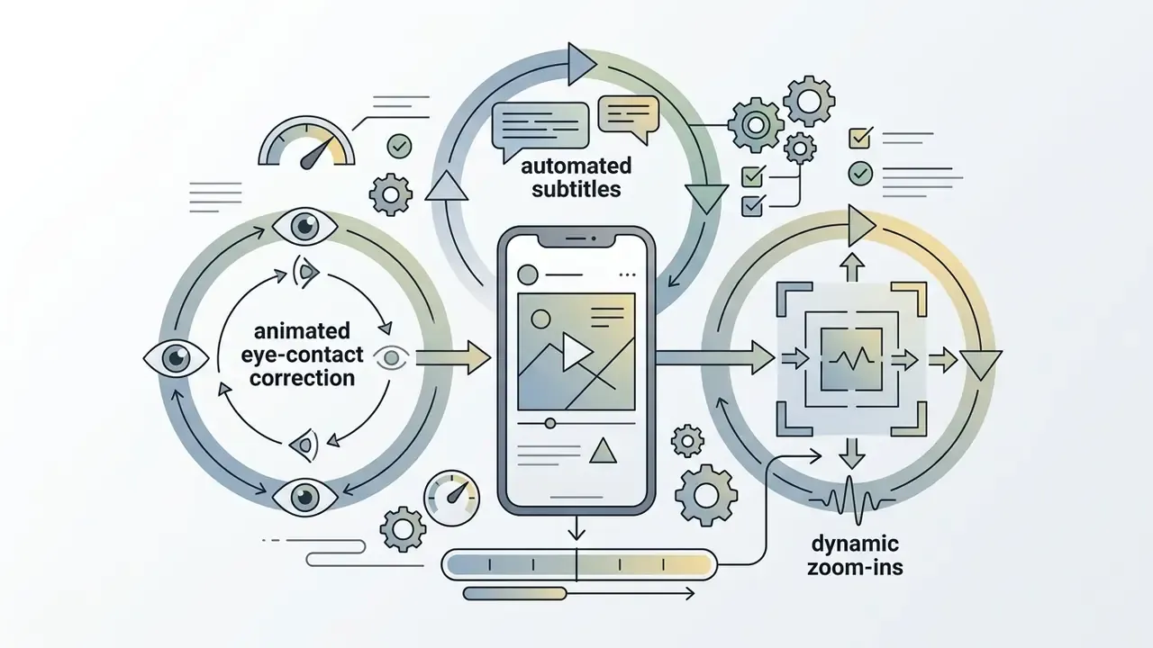 Diagram showing AI processes for eye-contact correction, automated subtitles, and dynamic zoom-ins
