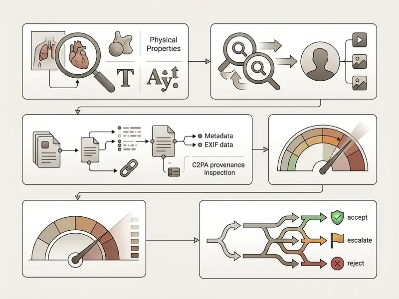 Five stage workflow showing visual inspection, metadata analysis, detector scoring, and final decision routing