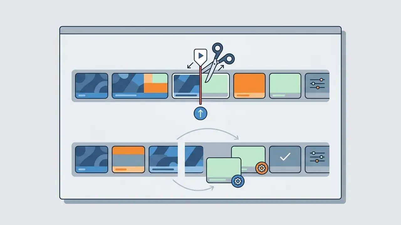 Scissors cutting a video timeline clip into two segments to help you edit videos on Mac