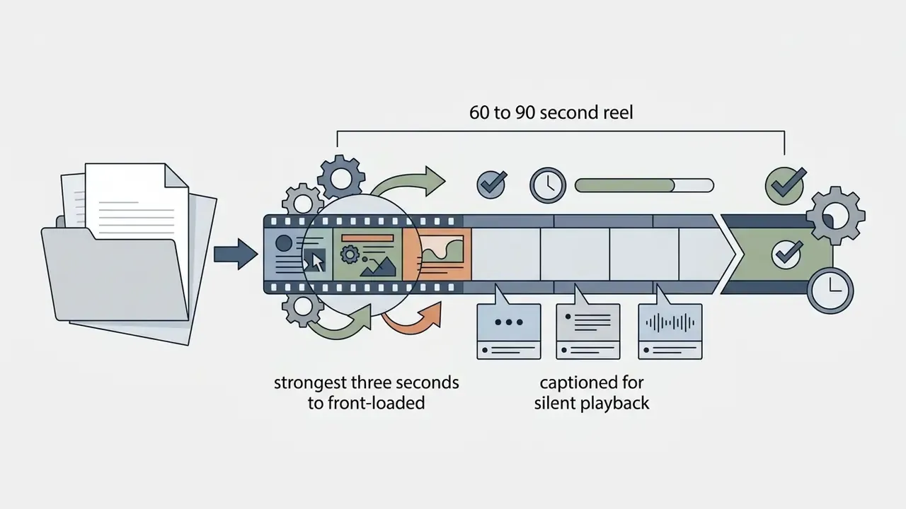 Folder of documents transforming into a film reel with captions and timing indicators for a portfolio