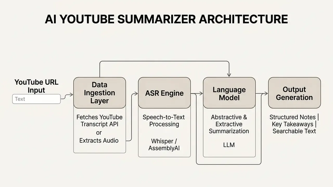 Diagram showing the technical workflow of an AI YouTube video summarizer from URL input to final output