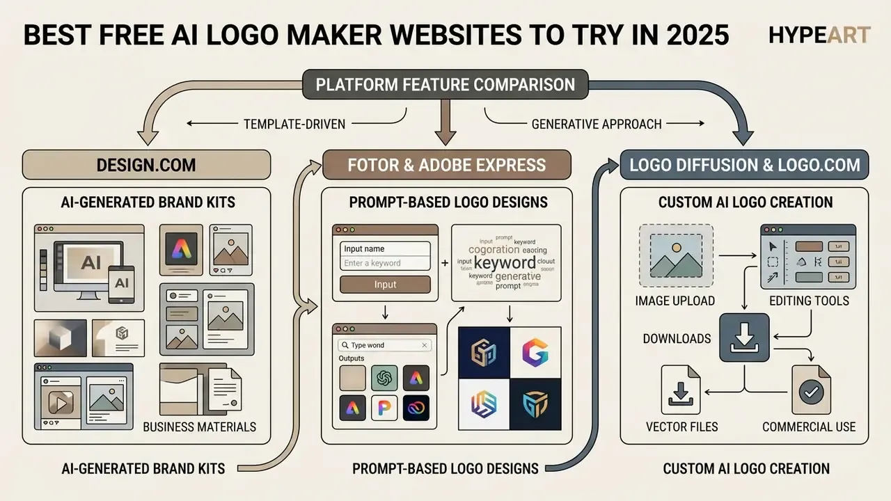 Comparison chart categorizing AI logo maker websites by their primary design approach and features