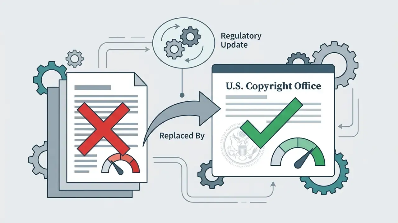 Document with a red X replaced by a U.S. Copyright Office file marked with a green check and gauge