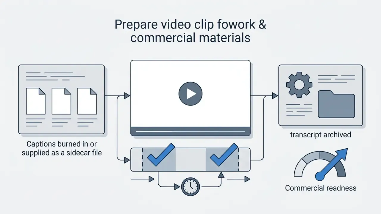 Workflow showing caption file integration, video trimming, transcript archiving, and commercial readiness