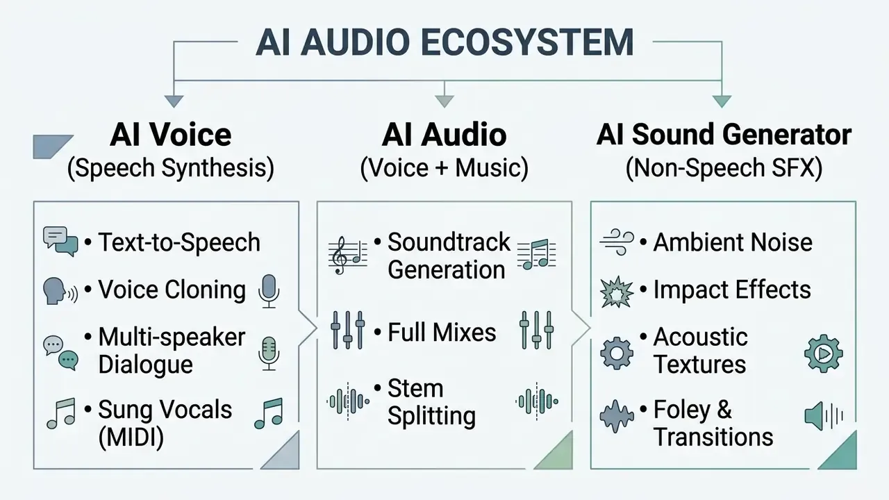 Diagram categorizing AI audio tools into voice, music, and sound generation with specific feature lists
