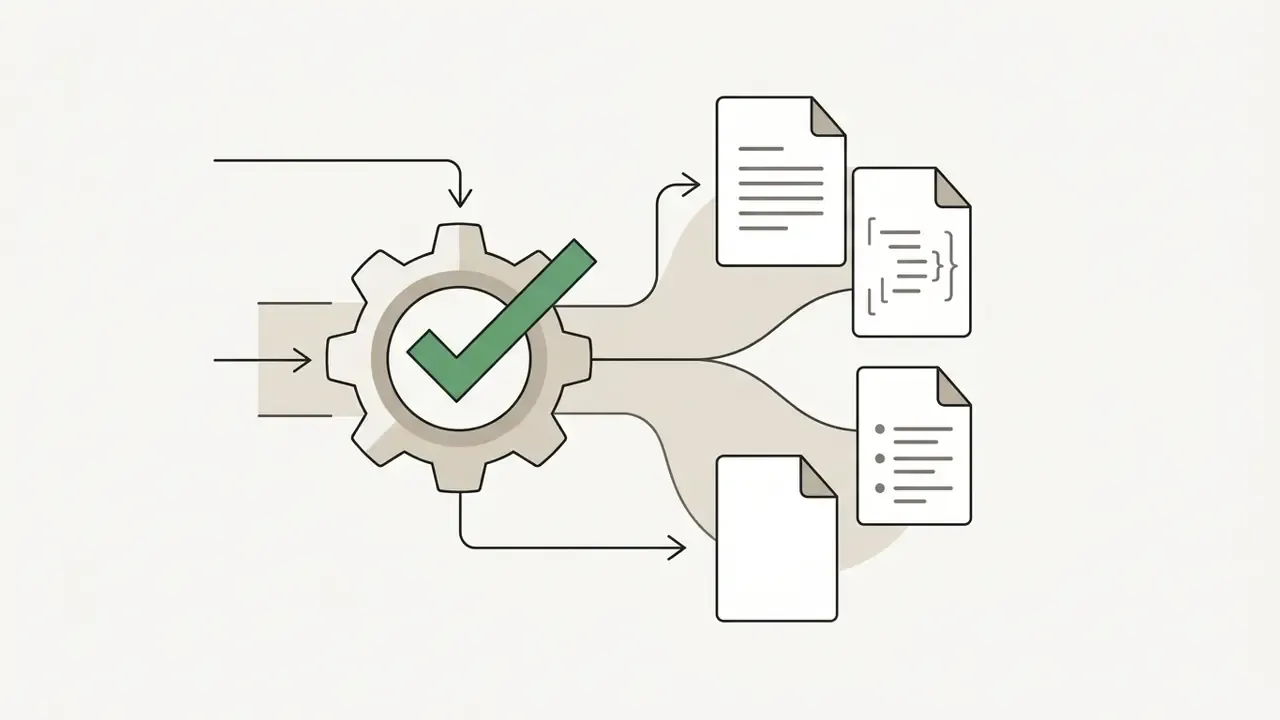 Gear with a checkmark processing inputs into multiple document file formats
