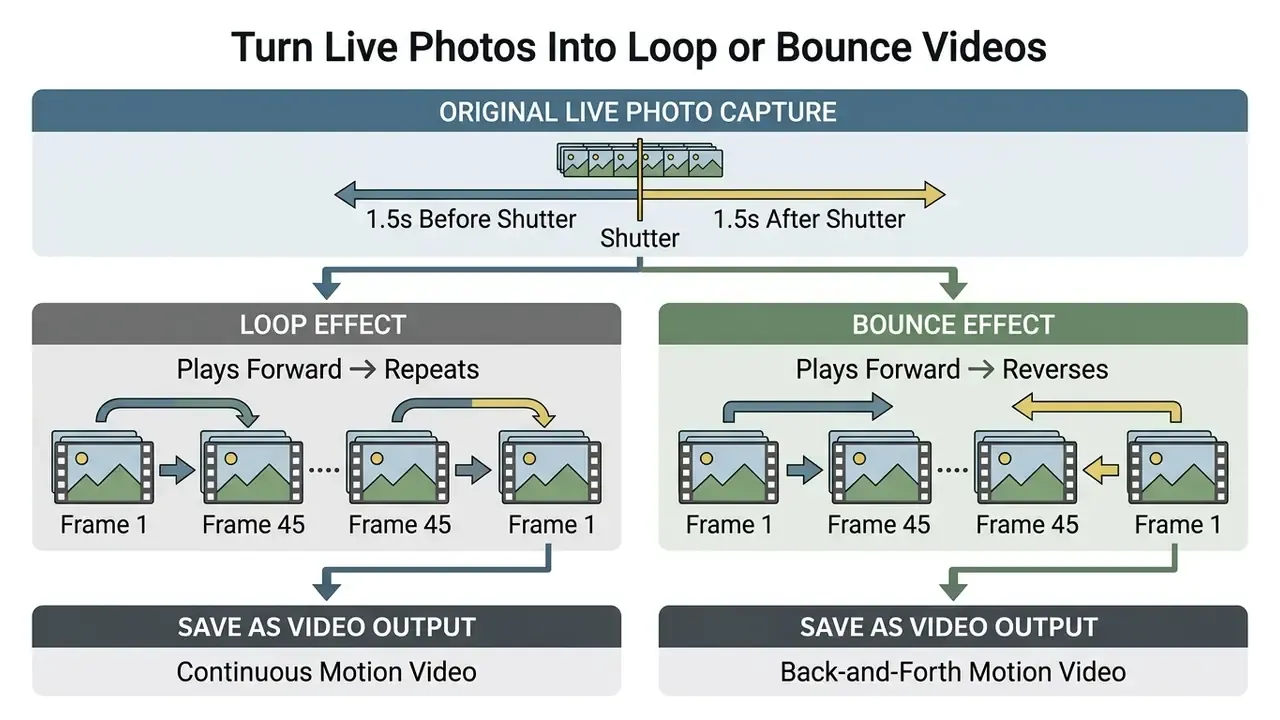 Flowchart comparing frame sequences for creating continuous loop or back-and-forth bounce video effects