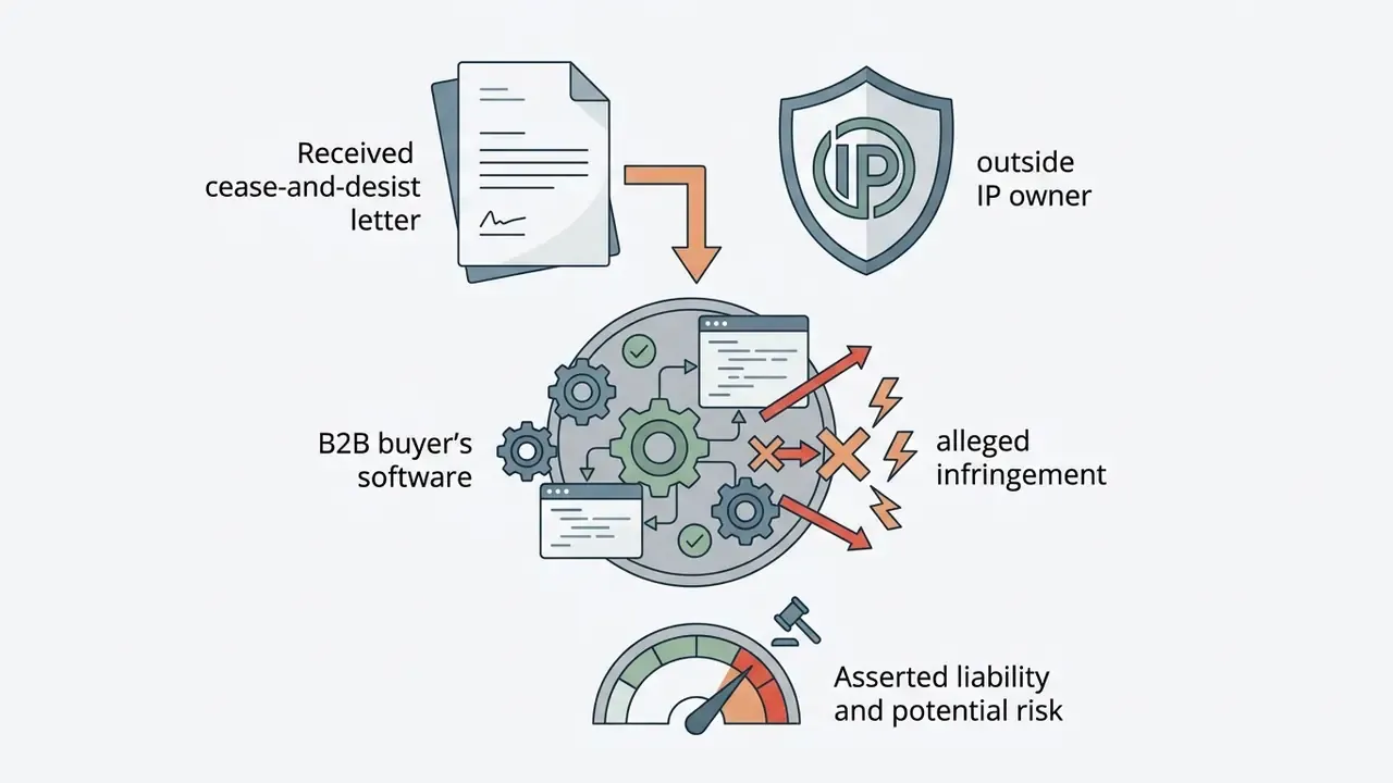Diagram showing an IP claim process involving a cease-and-desist letter, software infringement, and risk