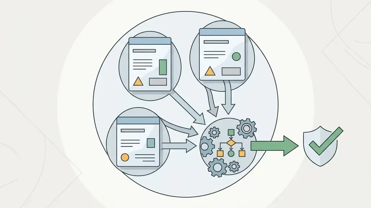 Multiple document icons feeding into a gear-driven processing hub that outputs to a verified shield icon