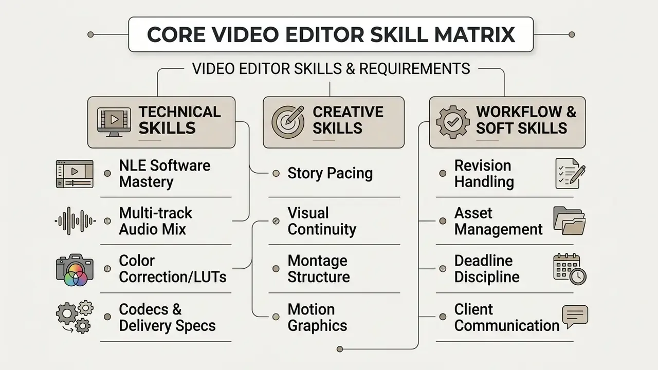 Categorized list of technical, creative, and soft skills required for professional post-production work