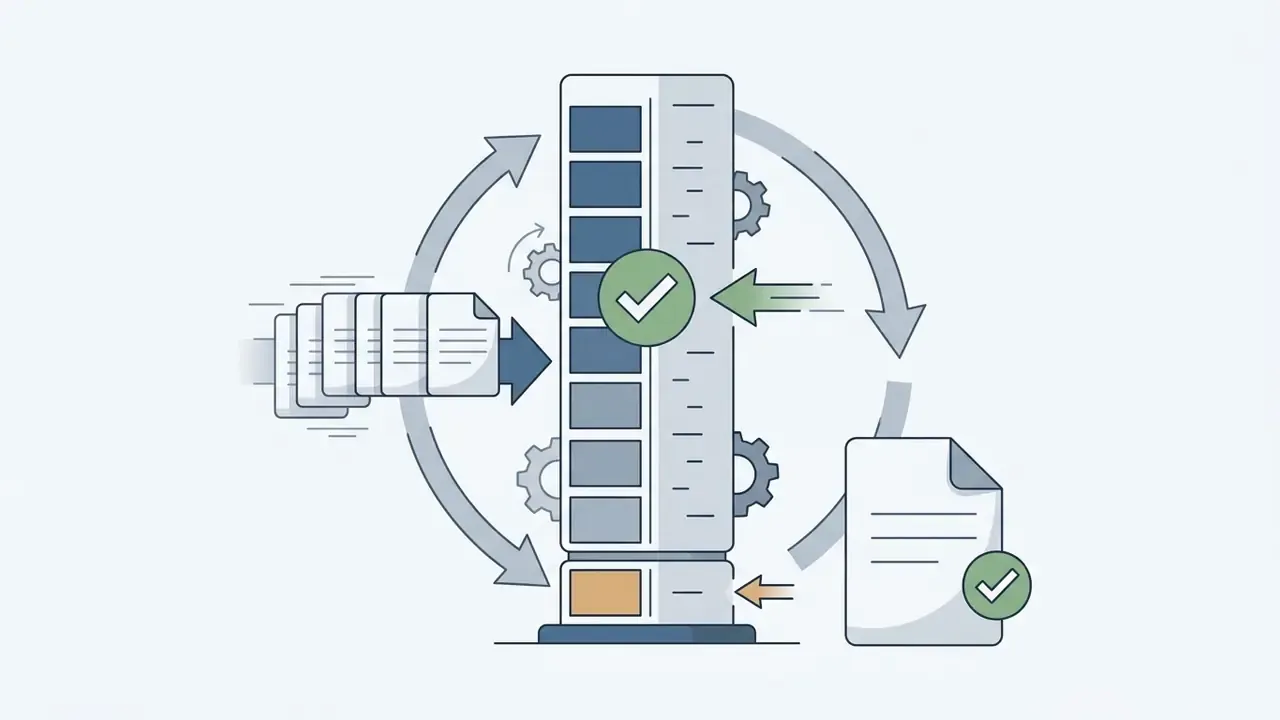 Stack of files moving into a central processing tower with gears and circular arrows for volume tracking