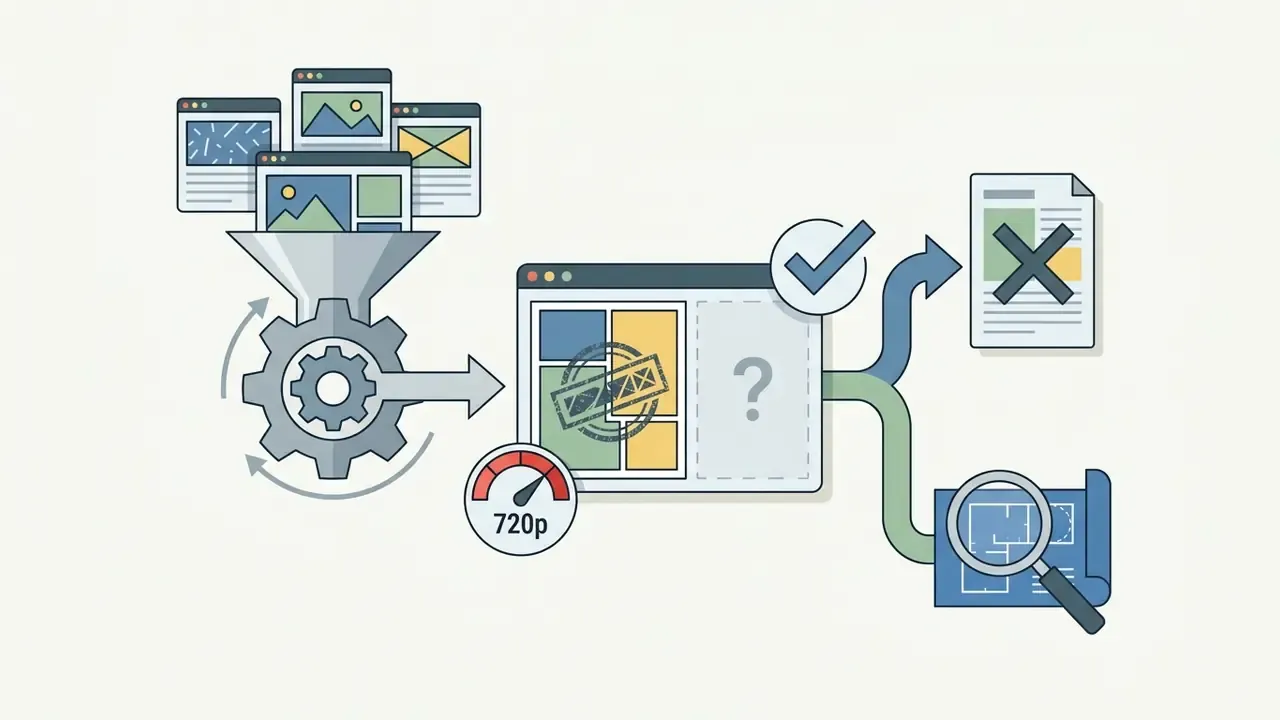 Flowchart showing app processing limitations with a 720p resolution cap and persistent watermarks
