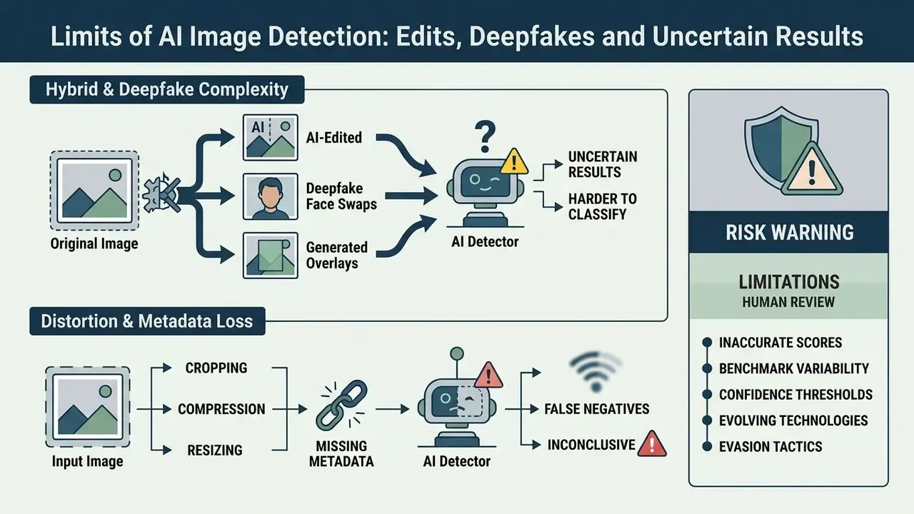 Flowchart showing how hybrid edits, deepfakes, and metadata loss complicate how to identify AI generated images