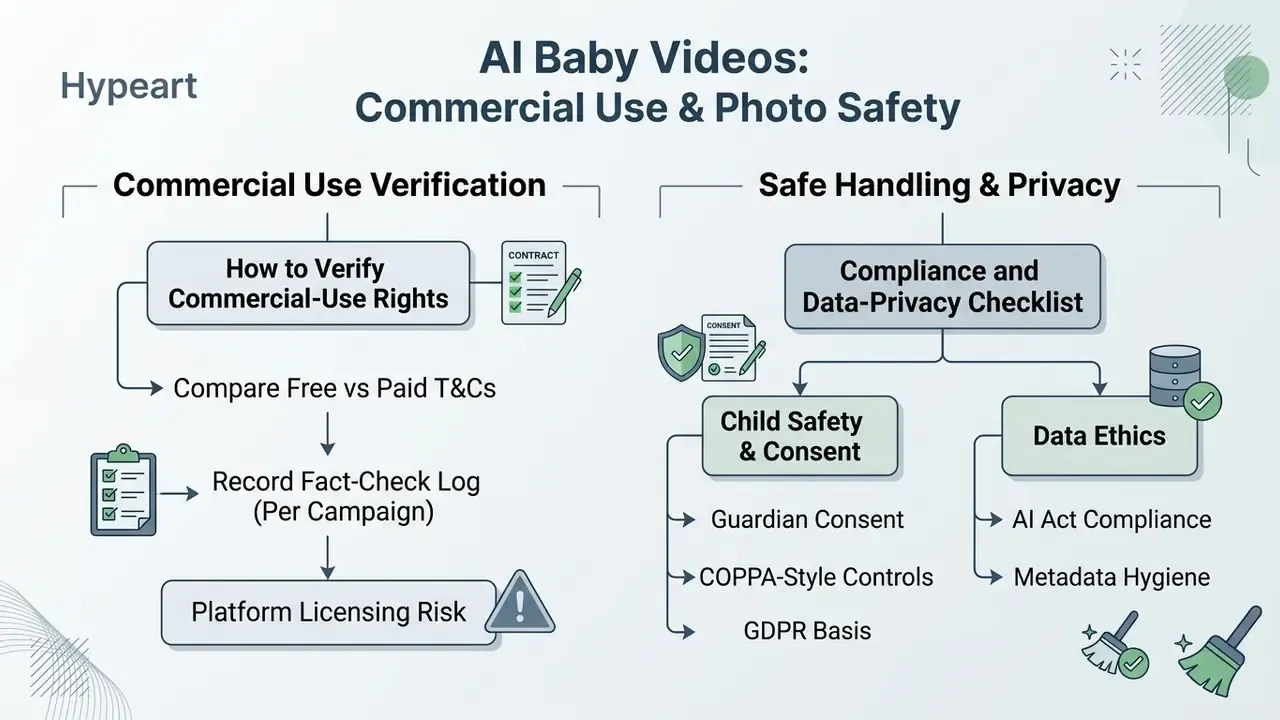 Infographic outlining legal verification steps and data privacy compliance for synthetic media projects