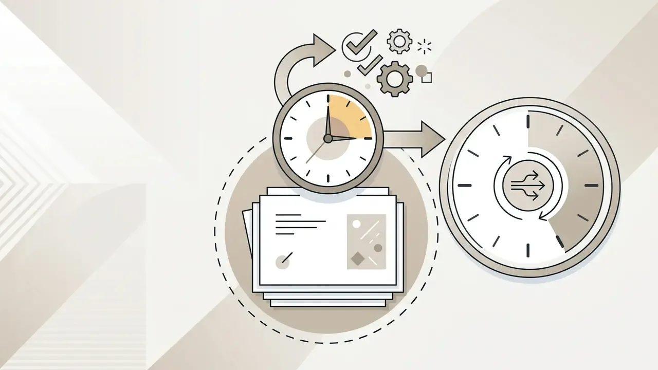 Clock icon above a stack of documents connected to a circular progress bar with a central sync symbol