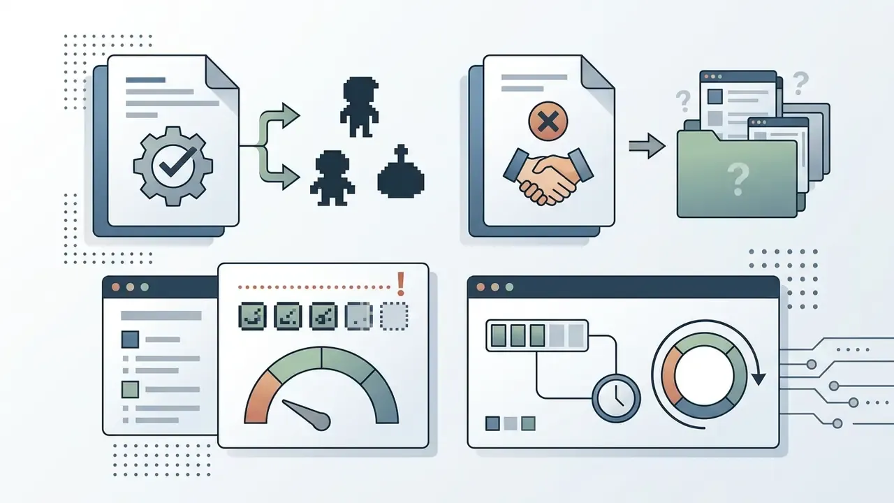 Four icons showing document processing, licensing restrictions, frame rate gauges, and animation cycles