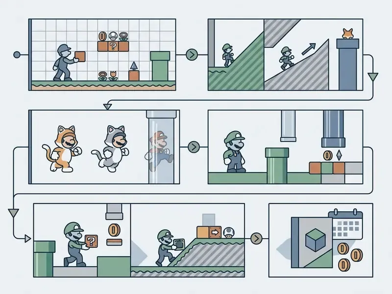 Flowchart showing Mario game level design elements like pipes, blocks, and character power-ups