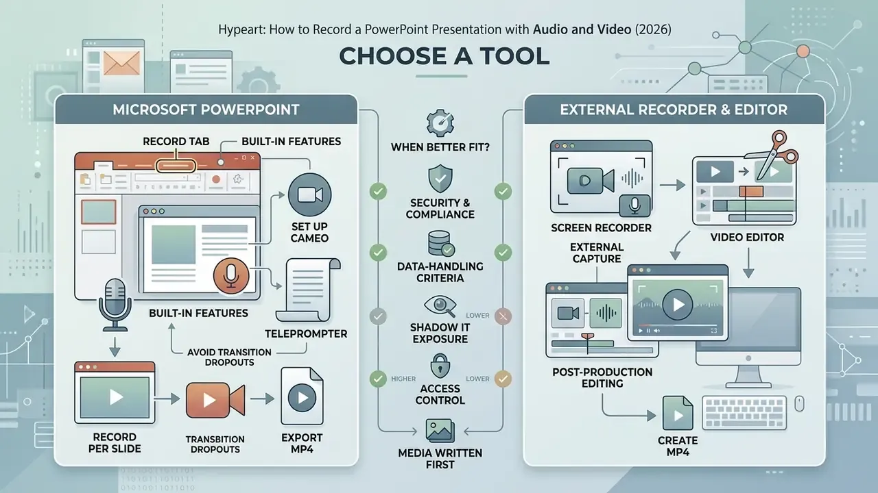 Infographic comparing built-in Microsoft PowerPoint recording features with external software workflows
