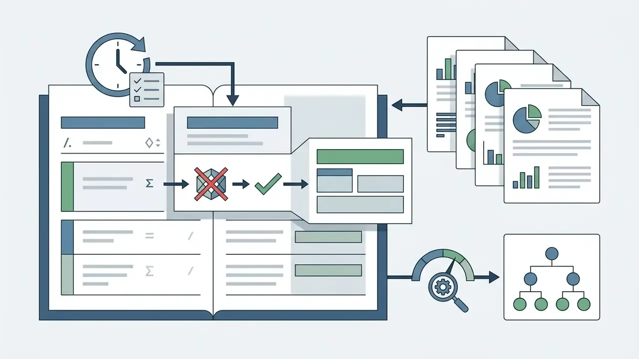 Document pages being reviewed and corrected through a gear mechanism to output a structured hierarchy