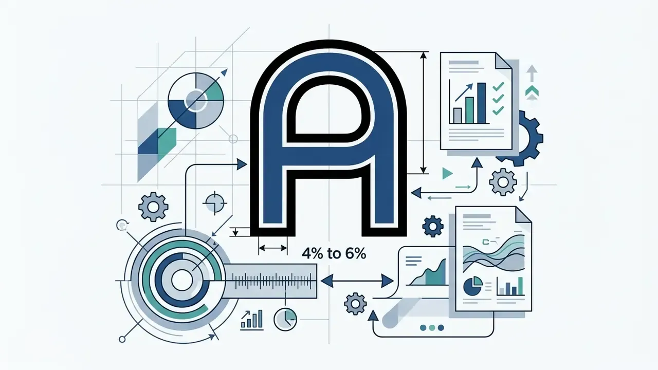Large letter A with a thick black outline surrounded by technical charts, gears, and measurement indicators