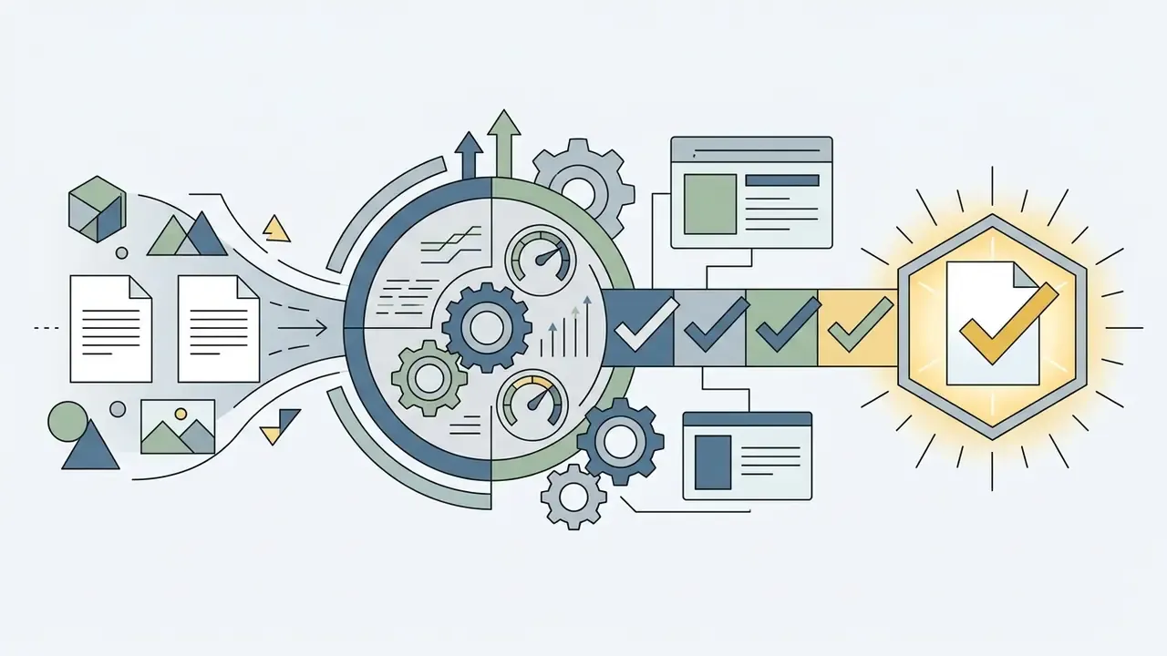 Documents and shapes feeding into a central gear mechanism that leads to a series of checkmarks and a final result