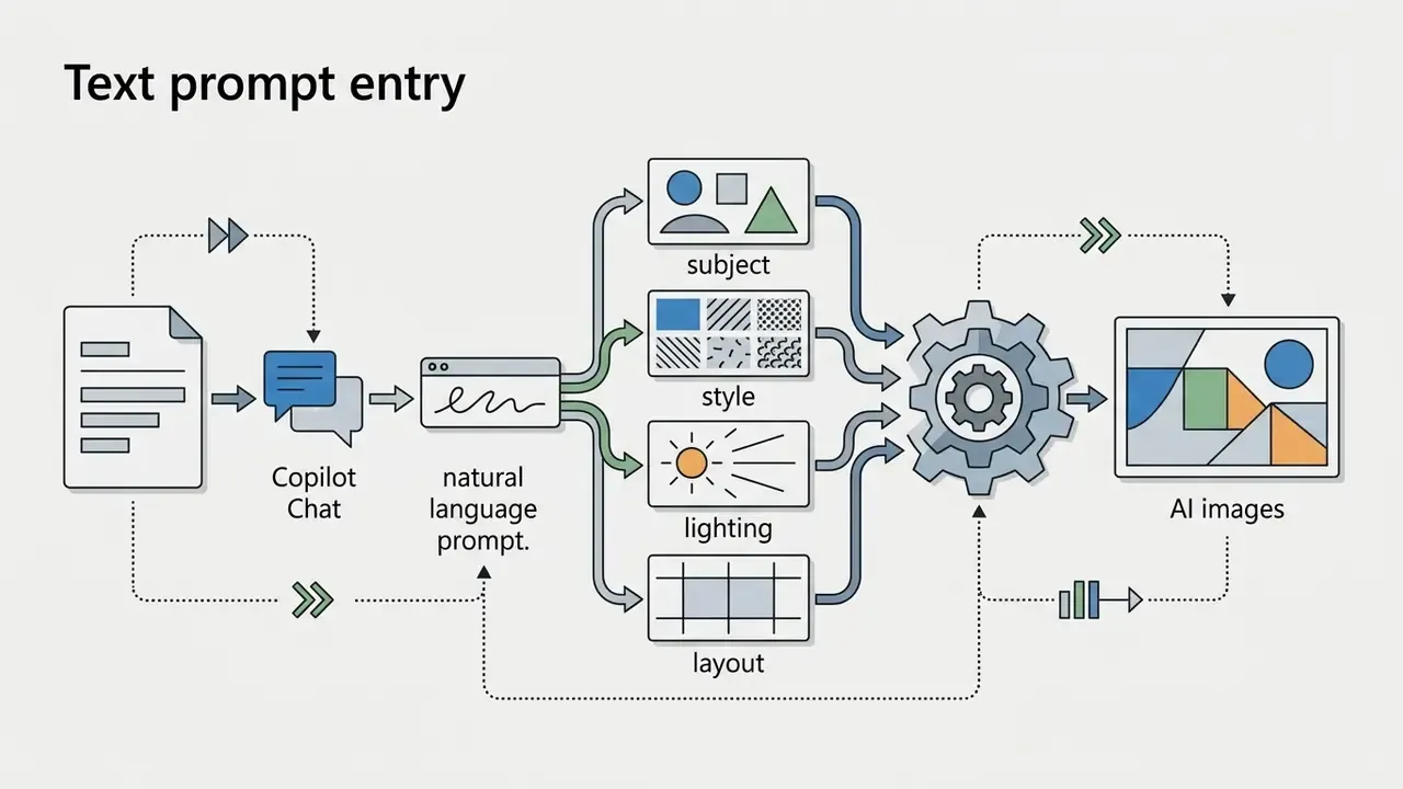 Process showing how Copilot Chat turns natural language prompts into AI images via specific parameters