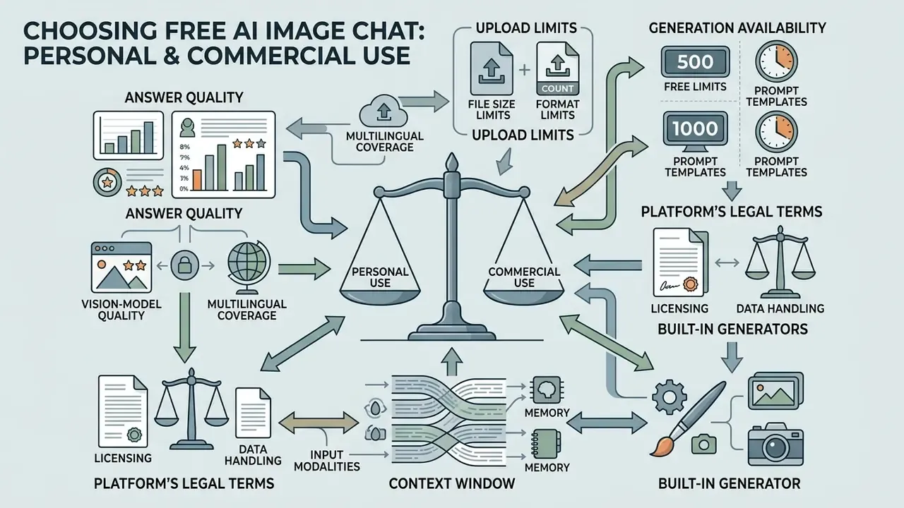 Infographic balancing personal and commercial factors like upload limits, legal terms, and generation tools