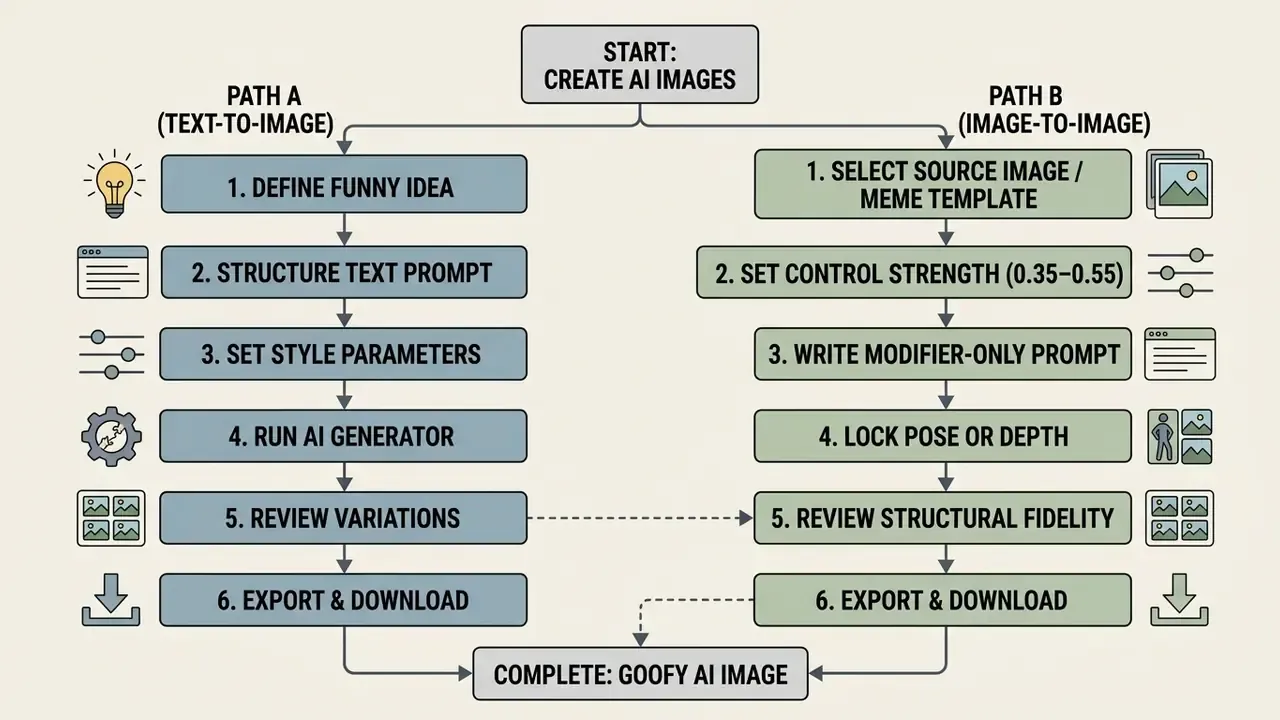 Flowchart comparing text-to-image and image-to-image workflows for creating goofy AI images
