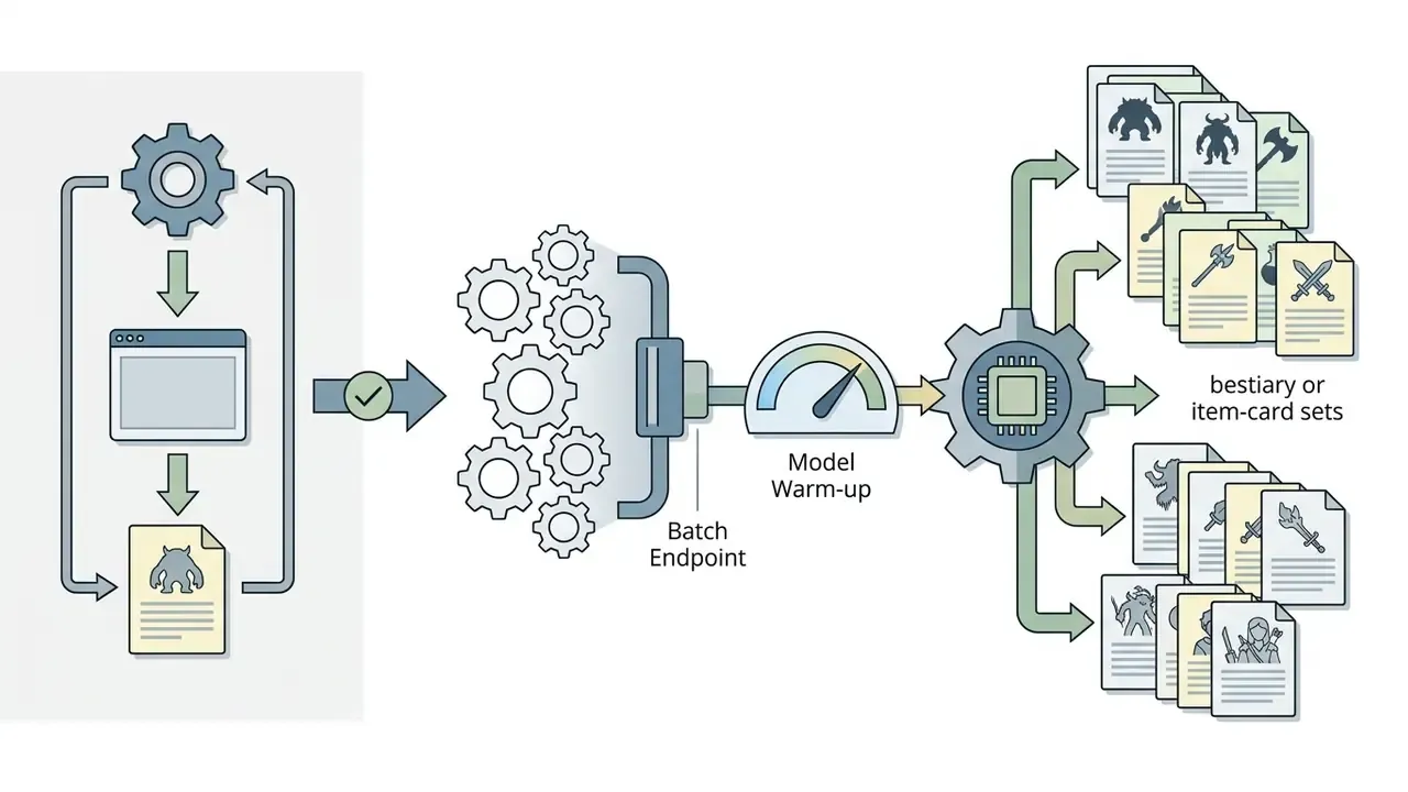 Gear mechanism processing batch requests to generate multiple fantasy creature and item card assets