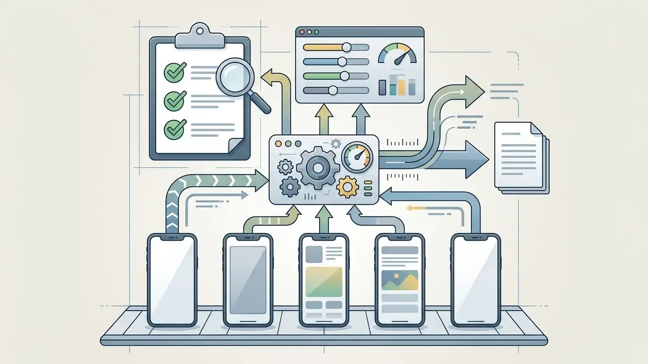 Diagram showing iPhones on a conveyor belt connected to central processing gears and testing checklists